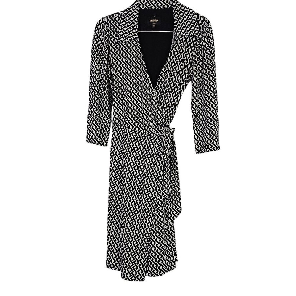 Laundry By Shelli Segal Black White Geometric Wrap Dress XS 3/4 Sleeve